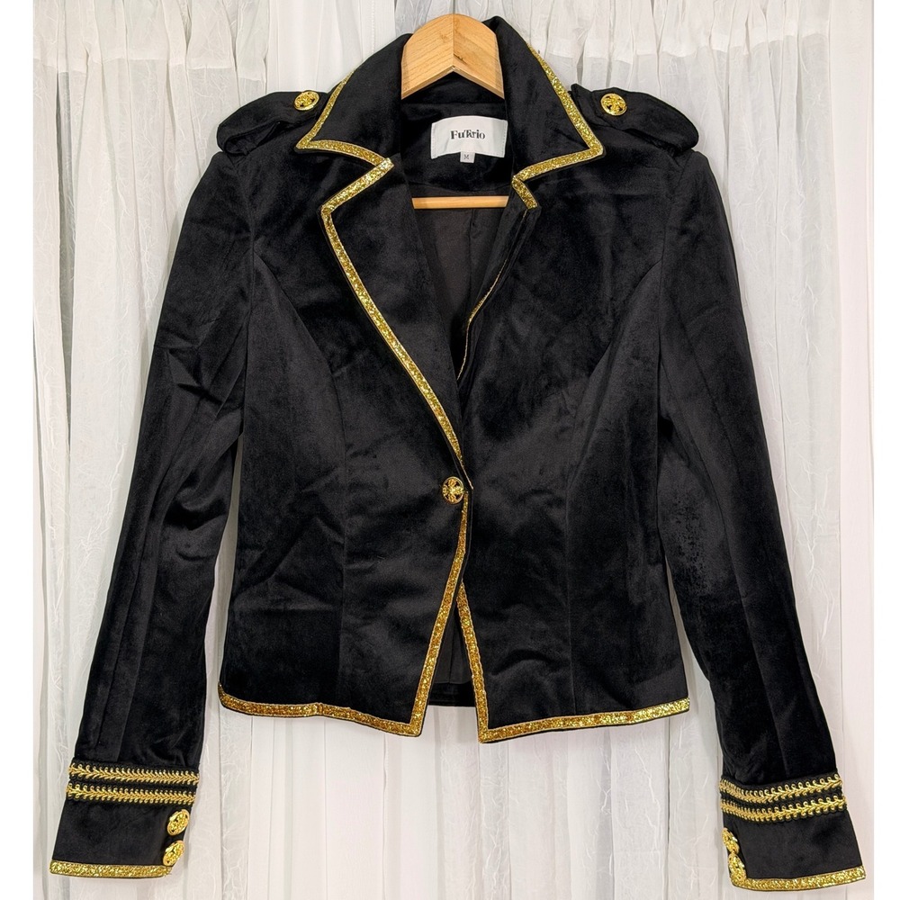 FuRrio Black Velvet Military Blazer Gold Glitter Trim Band Jacket Womens Medium